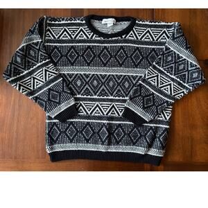 Vintage Men's Black and White Geometric Pullover Sweater Size M